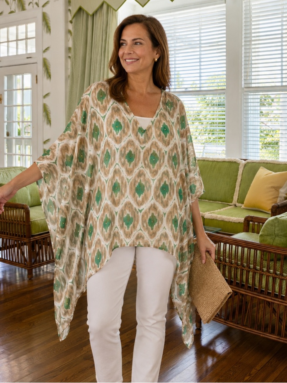Chico's Sheer Ikat Kaftan Poncho S/M Green Tan Sequin Resort Top